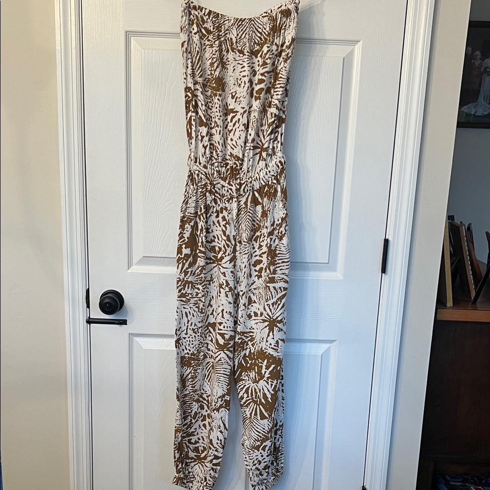 Blue Island Brown and White Patterned Vacation Jogger Style Jumpsuit